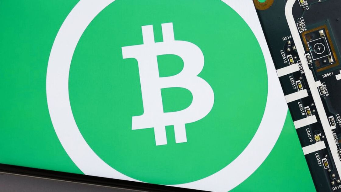 Bitcoin Cash logo displayed on a digital screen with green background